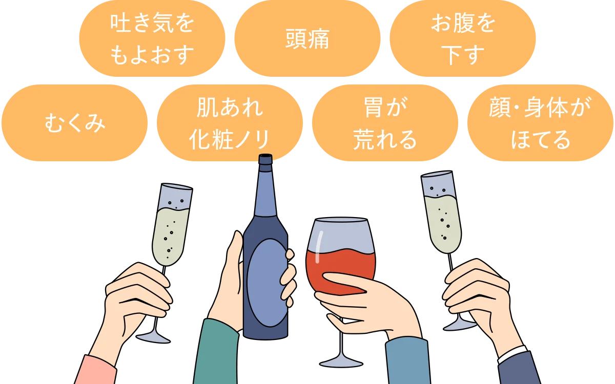 吐き気をもよおす 頭痛 お腹を下す むくみ 肌あれ化粧ノリ 胃が荒れる 顔・身体がほてる