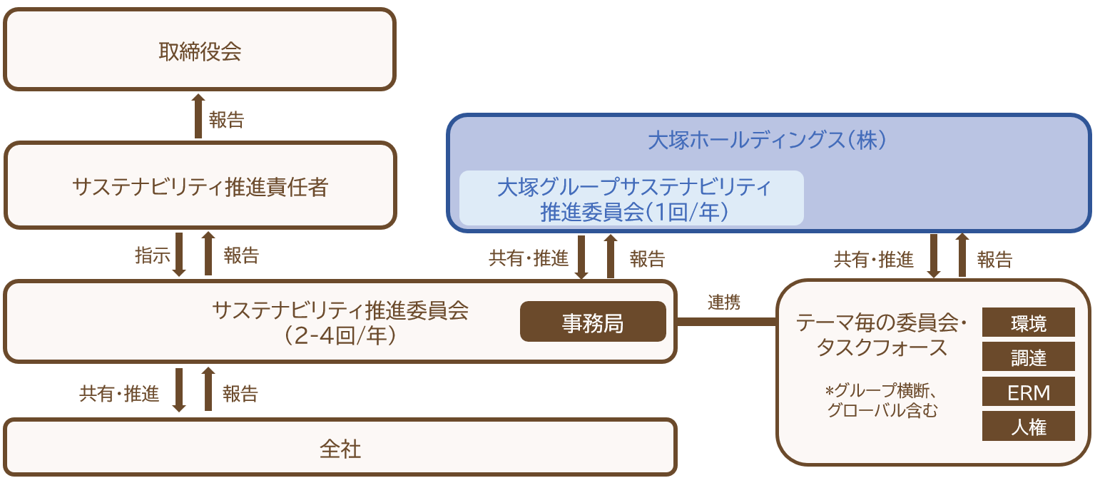 体制図。サステナビリティ推進責任者→サステナビリティ推進委員会（4回/年）、各部門・領域の順に指示と共有・推進。各部門・領域→サステナビリティ推進委員会（4回/年）→サステナビリティ推進責任者→取締役会の順に報告。大塚ホールディングス（株）の大塚グループサステナビリティ推進委員会（1回/年）からサステナビリティ推進事務局へ共有・推進、サステナビリティ推進事務局から大塚ホールディングス（株）の大塚グループサステナビリティ推進委員会（1回/年）からサステナビリティ推進事務局へ情報共有が行われる。サステナビリティ推進事務局と各部門・領域の間では相互に情報共有が行われる。大塚ホールディングス（株）と各部門・領域の間でも相互に環境、内部統制、調達など各領域の情報共有が行われる。